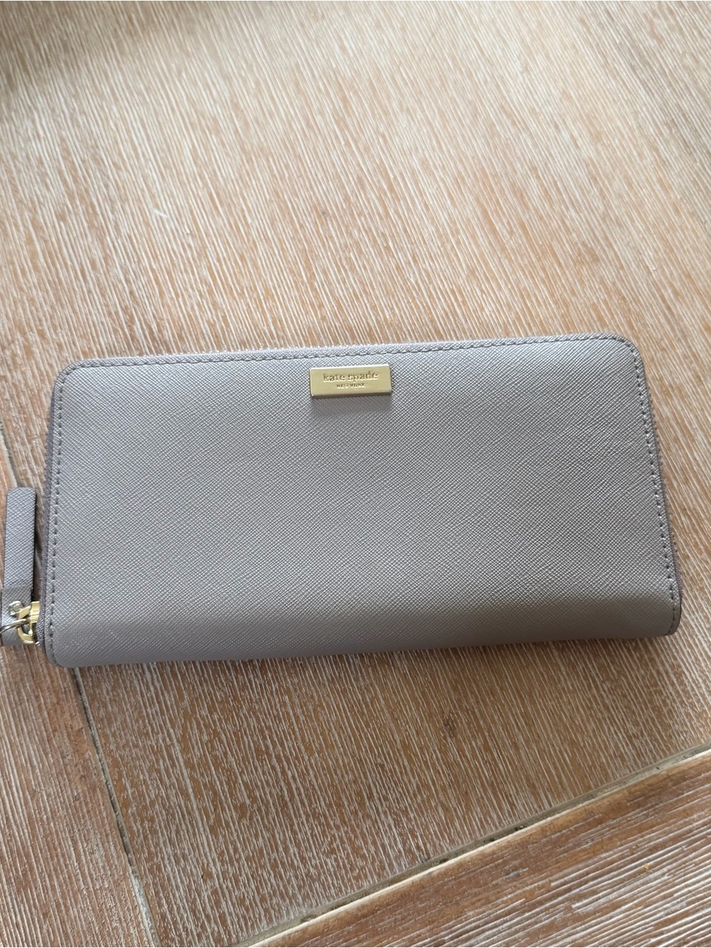kate spade taupe Saffiano Zip Continental Wallet with Gold Plate